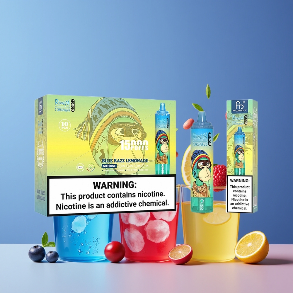 Bleu Framboise Citronné RandM Fumot Tornado 15000 Puffs 25ml Belgique Grossiste Mesh Coil