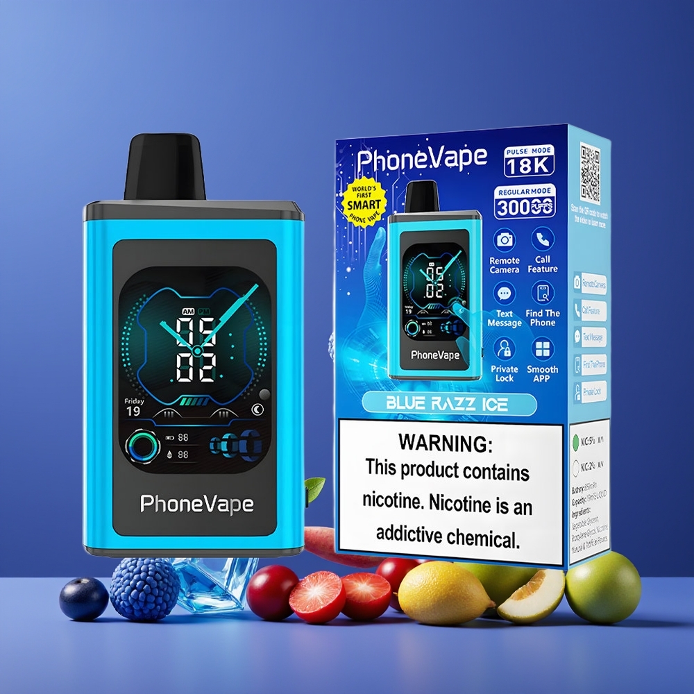 Bleue Framboise Glacée JNR PhoneVape 30000 bouffées Belgique Grossiste Écran Complet 5 Nicotine