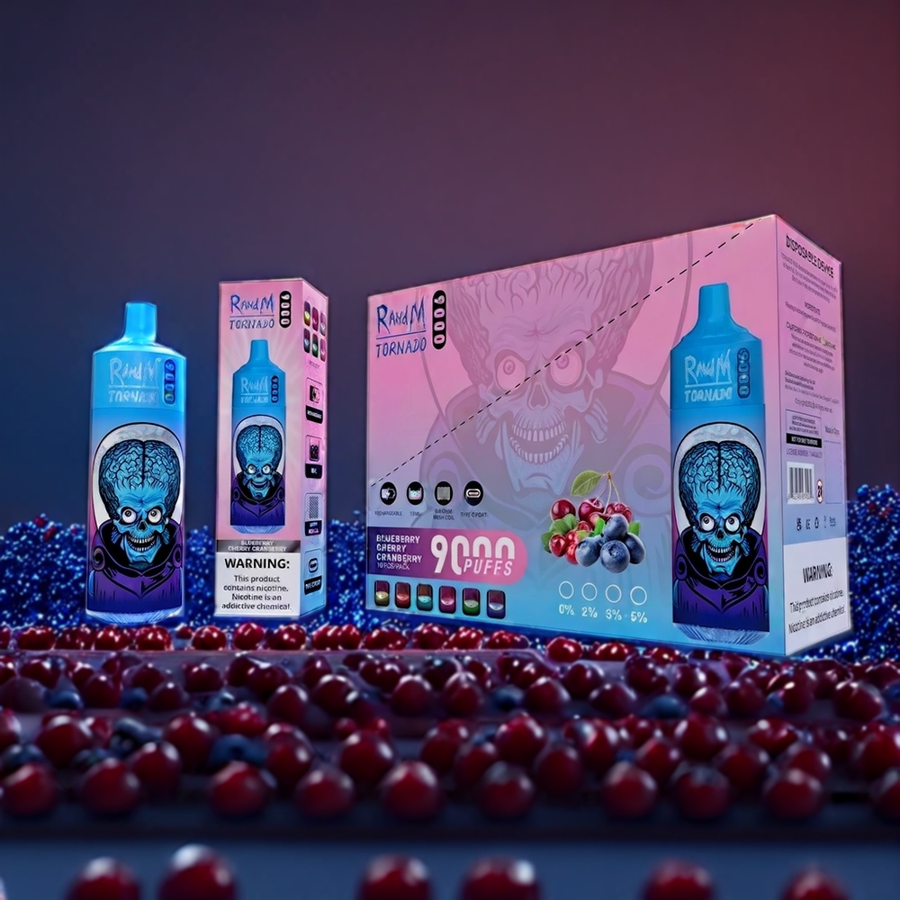 Fumot RandM Tornado 9000 Puffs Belgique Grossiste avec 18 mL et Affichage RGB - Myrtille Cerise Cranberry