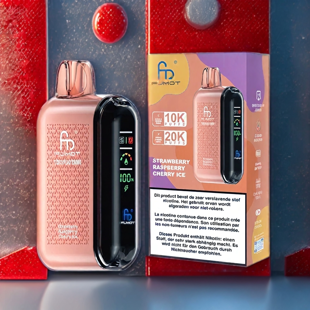 Fumot Tornado 20000 Puffs Belgique Grossiste 20ml Fraise Framboise Cerise Glacée avec Dual Mesh Coil et Smart Display