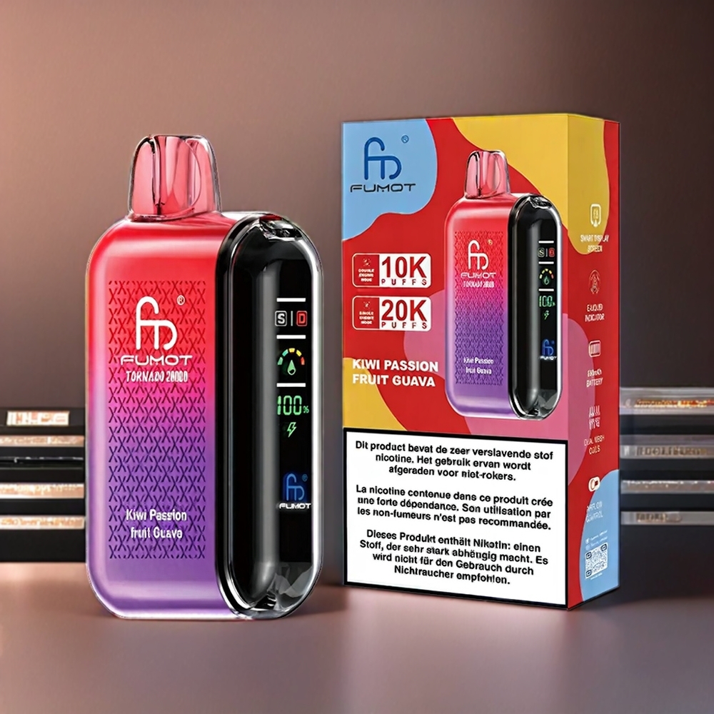 Fumot Tornado 20000 Puffs Belgique Grossiste Kiwi Fruit de la Passion Goyave avec Dual Mesh Coil et Affichage Intelligent