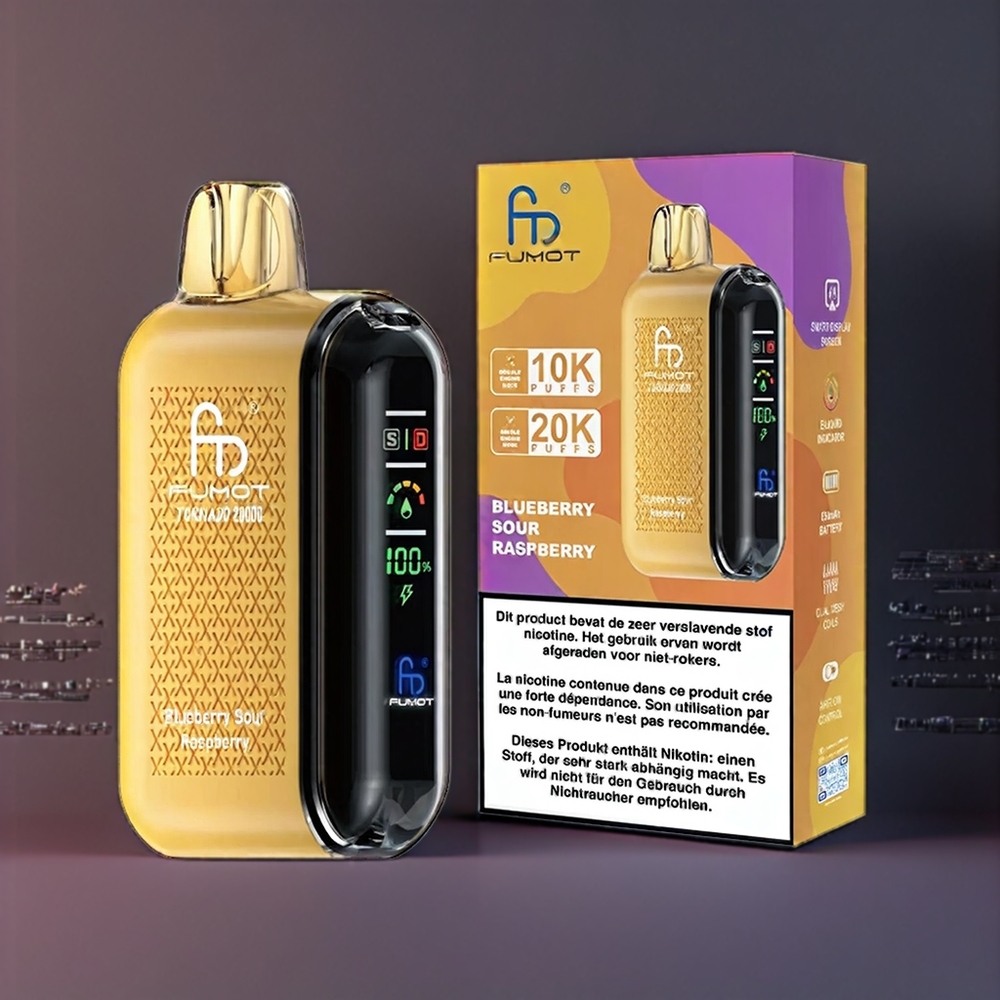 Fumot Tornado Belgique Grossiste 20000 Puffs Double Mèche et Affichage Intelligent Myrtille Acidulée Framboise
