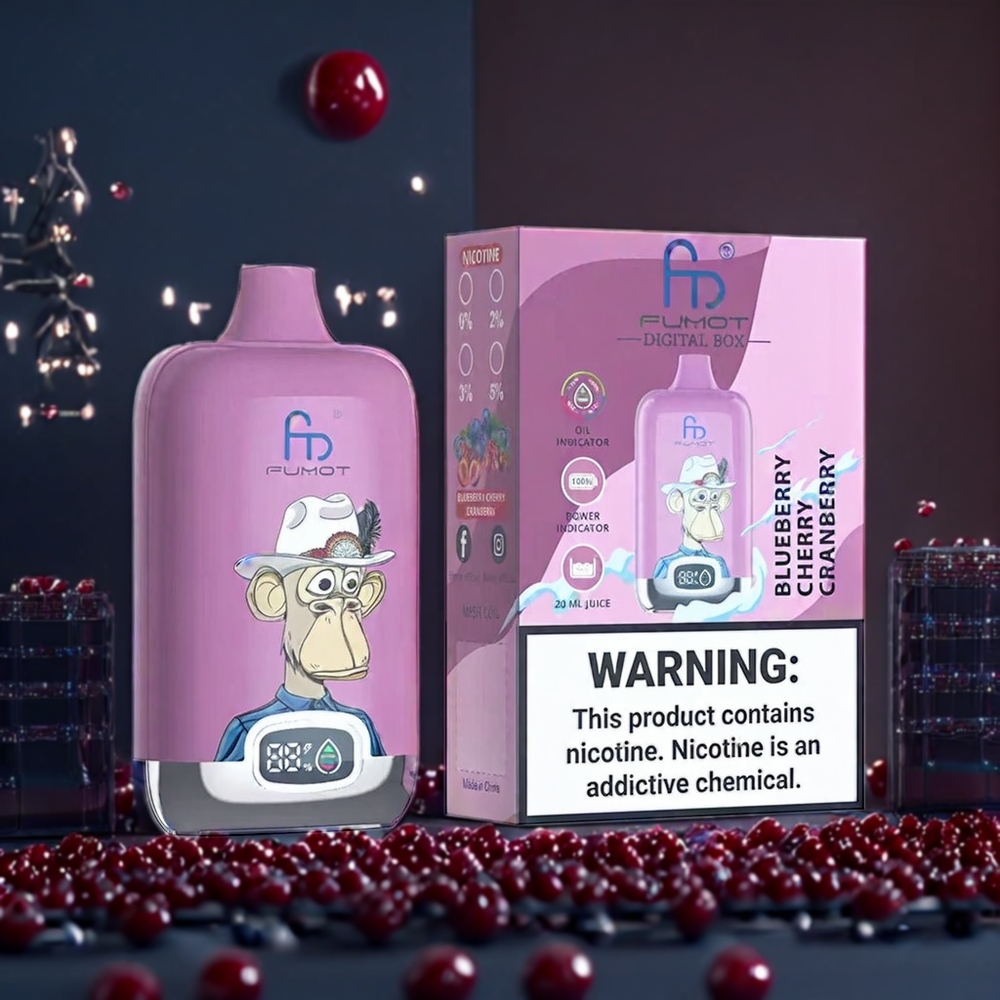Fumot Tornado Digital Box Belgique Grossiste 12000 Puffs Rechargeable Type-C Myrtille Cerise Cranberry