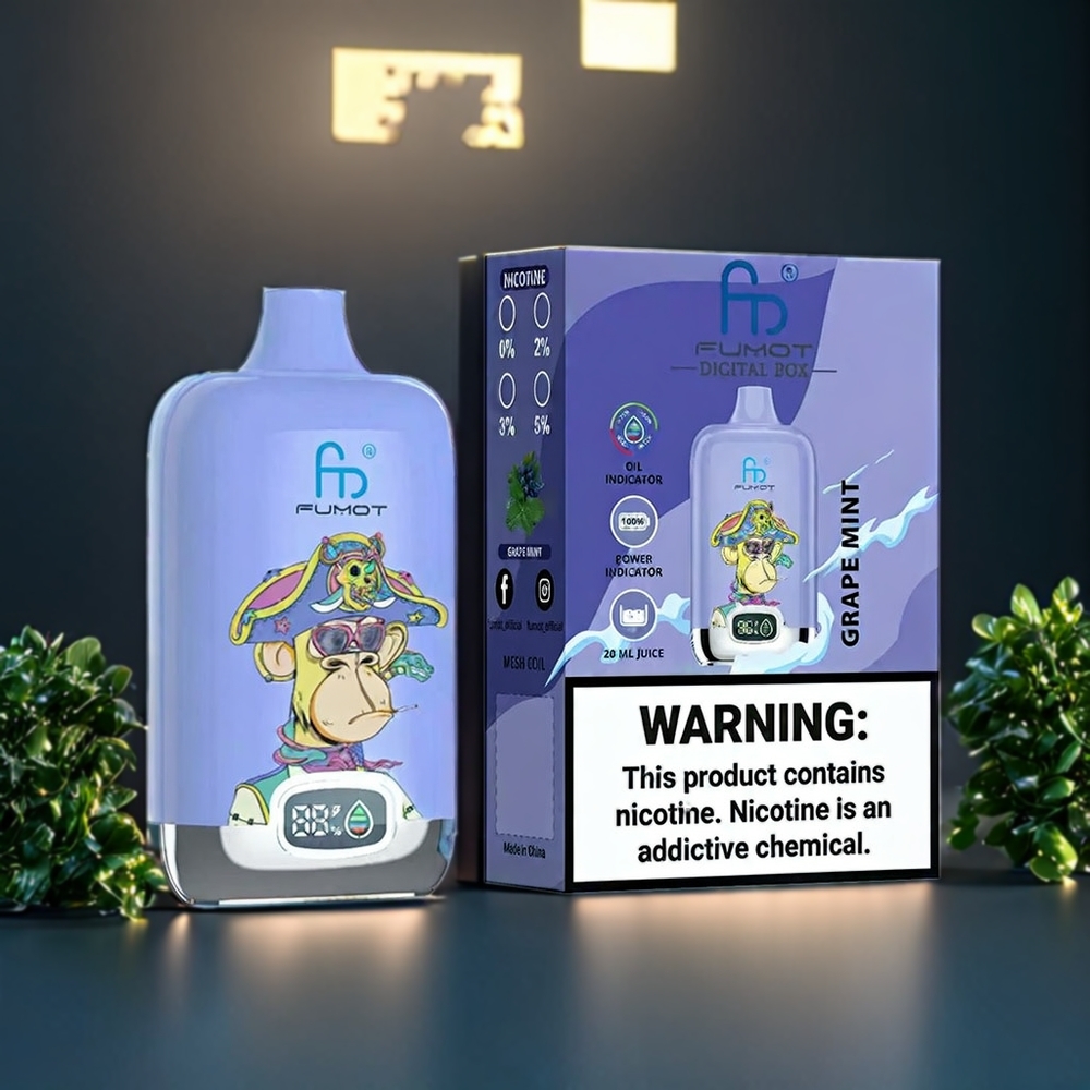 Fumot Tornado Digital Box Belgique Grossiste 12000 Puffs Vape Menthe Raisin avec 67g et Type-C