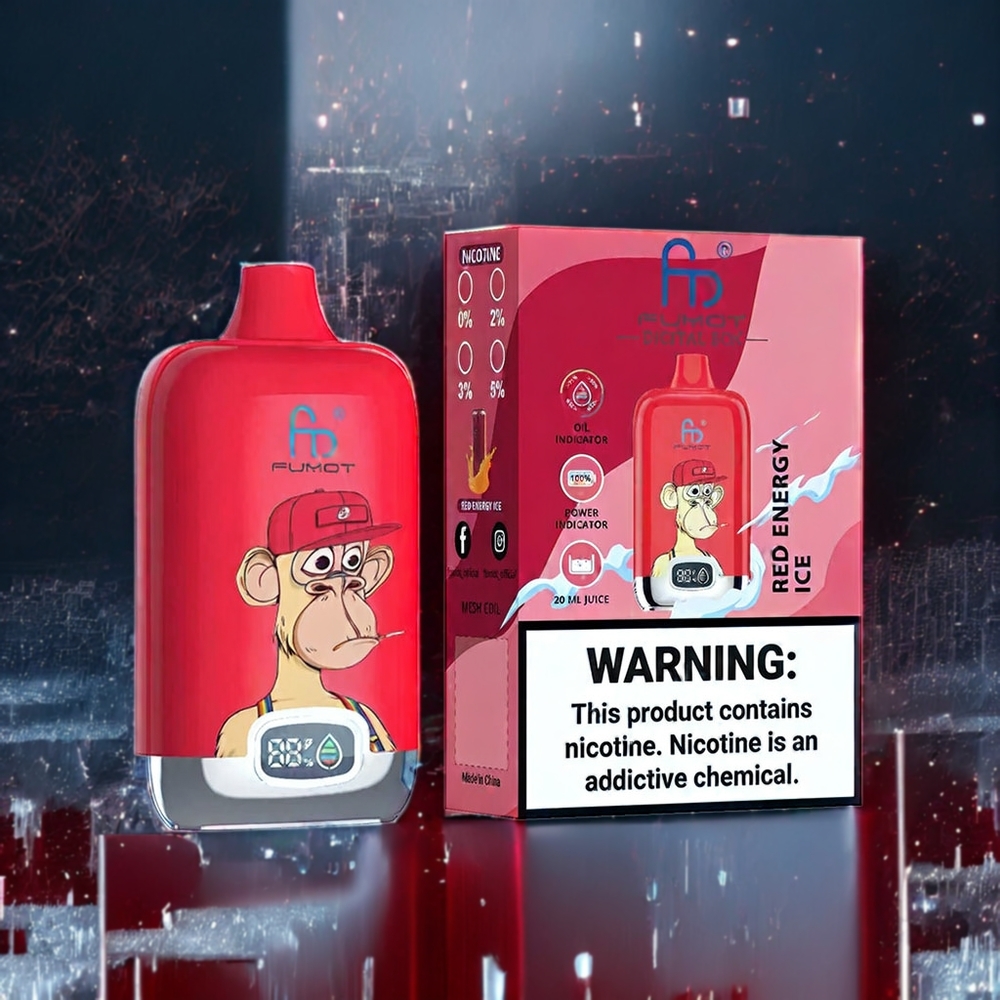 Fumot Tornado Digital Box Belgique Grossiste 12000 Puffs Vape Énergie Rouge Ice avec 20ml E-Liquid et Type-C Charging