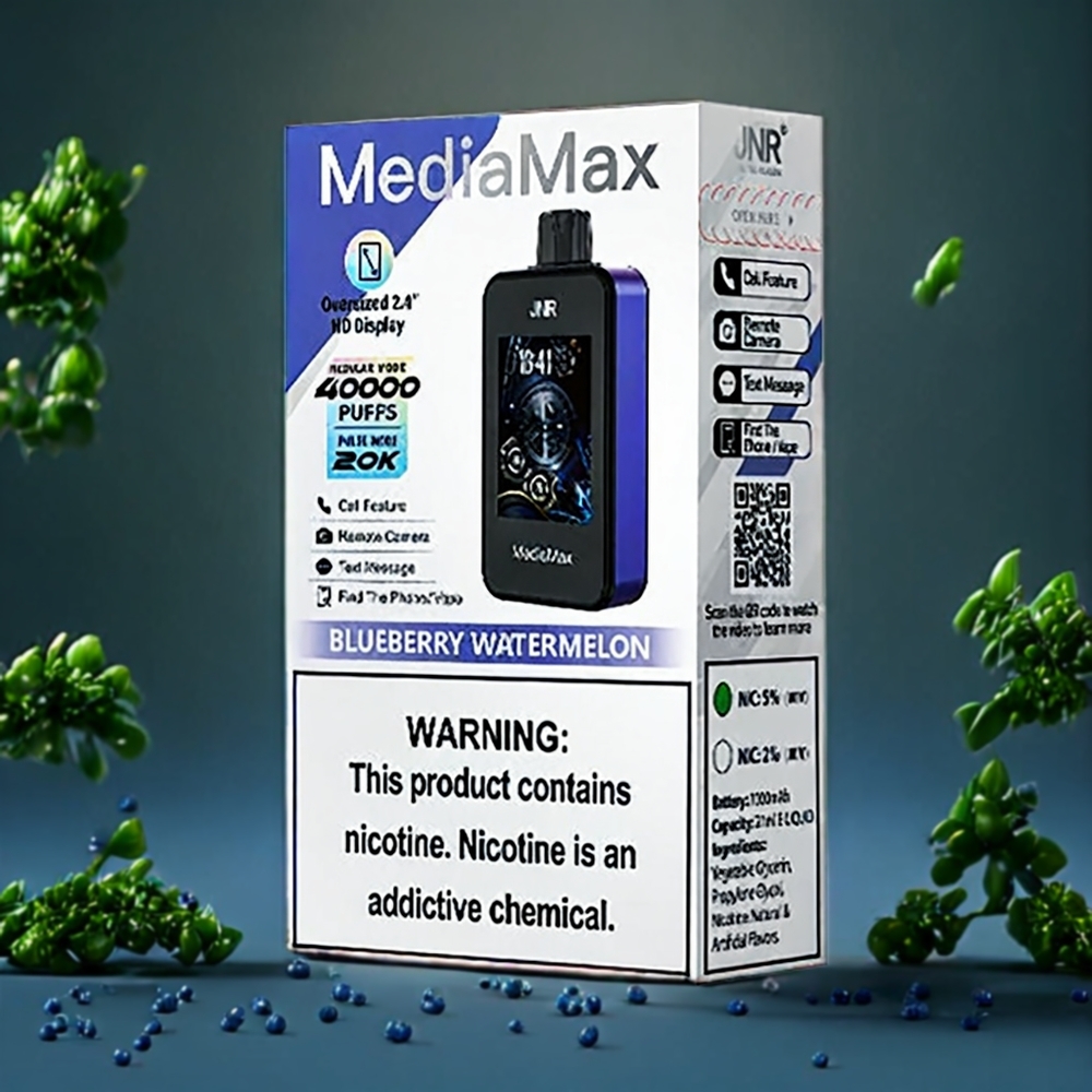 Jnr Mediamax Belgique Grossiste 40000 Puffs 21mL HD Display Vape Myrtille Pastèque