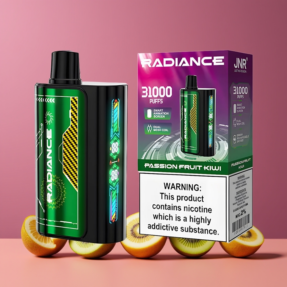 Passion Fruit Kiwi JNR Radiance 31000 Puffs 28ml Belgique Grossiste Dual Mesh Coil