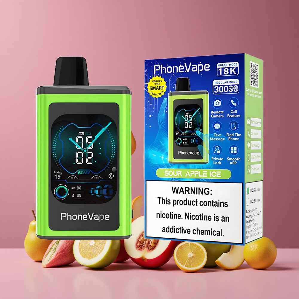 Pomme Acidulée Glacée JNR PhoneVape 30000 bouffées Belgique Grossiste Turbo Mode Écran Complet