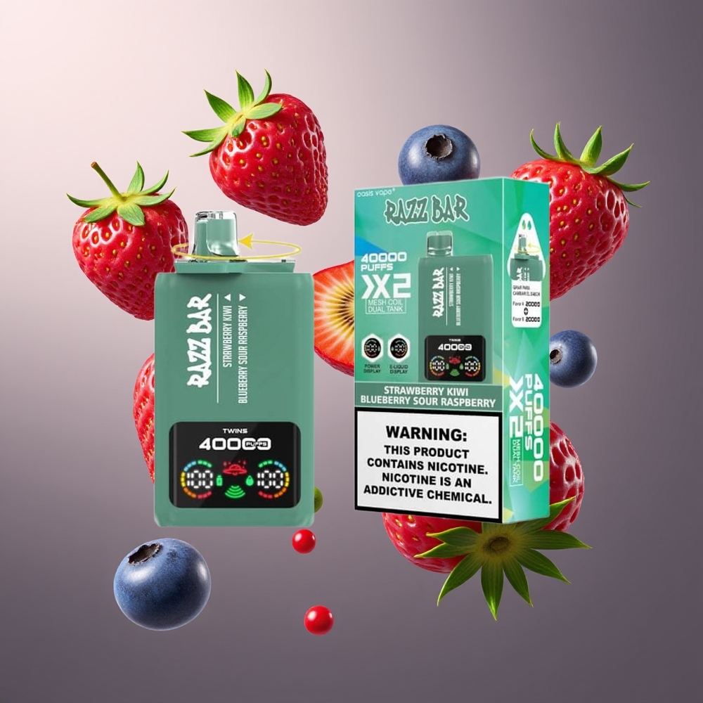 Razz Bar 40000 Bouffées Belgique Grossiste Fraise Kiwi  Myrtille Framboise Acidulée 10Ω 2 Mesh Coil 650 Mah