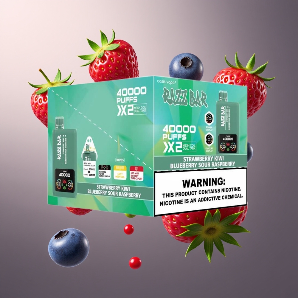 Razz Bar 40000 Bouffées Belgique Grossiste Fraise Kiwi  Myrtille Framboise Acidulée 10Ω 2 Mesh Coil 650 Mah