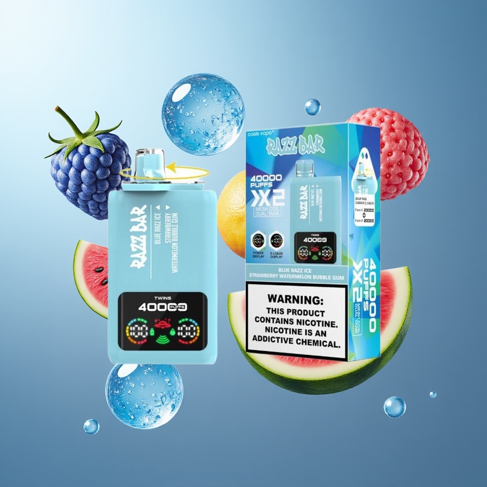 Razz Bar 40000 Puffs Belgique Grossiste Blue Razz Glace  Fraise Pastèque Bubble Gum 10Ω 2 Mesh Coil 650 Mah