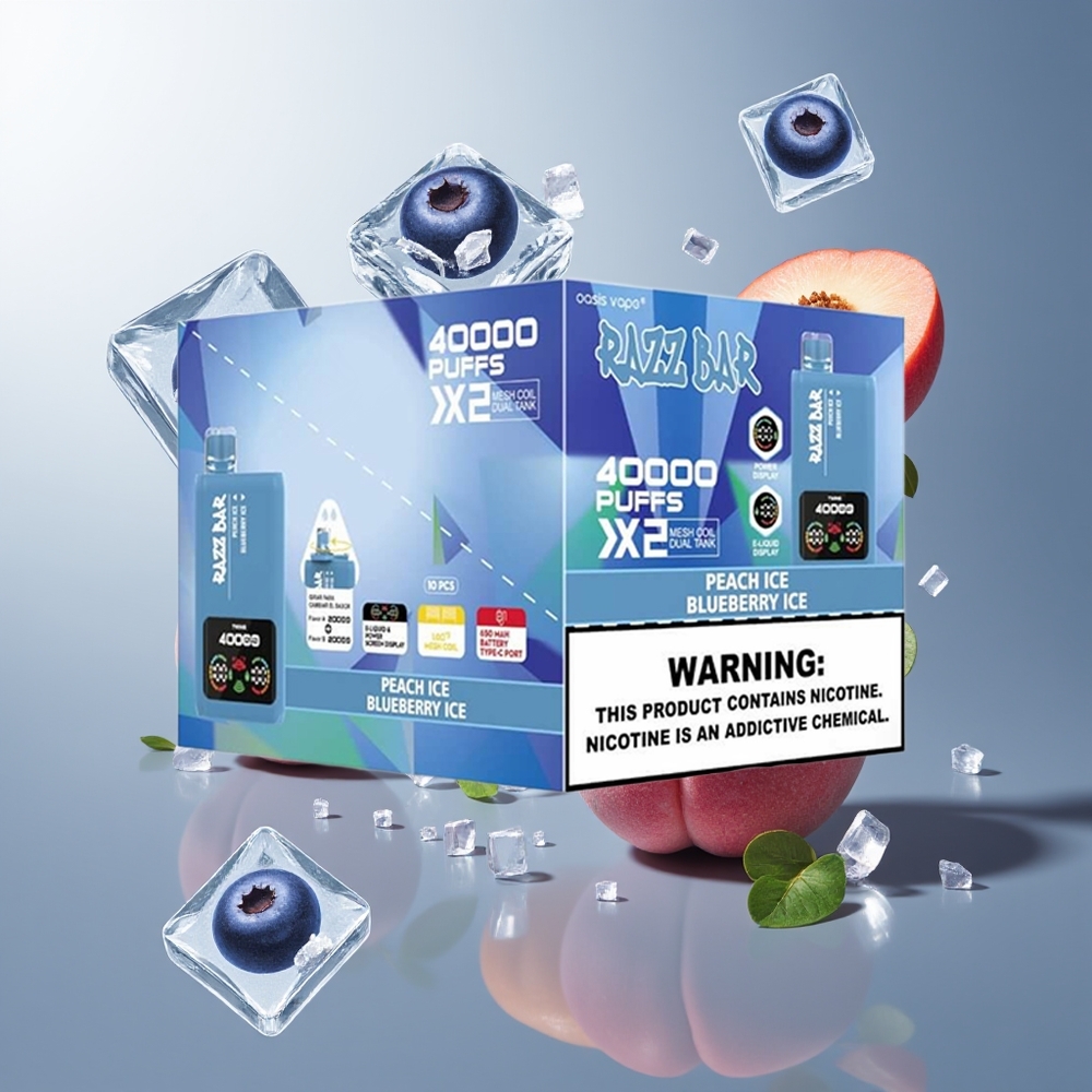 Razz Bar 40000 Puffs Belgique Grossiste Pêche Glacée  Myrtille Glacée 10Ω 2 Mesh Coil 650 Mah