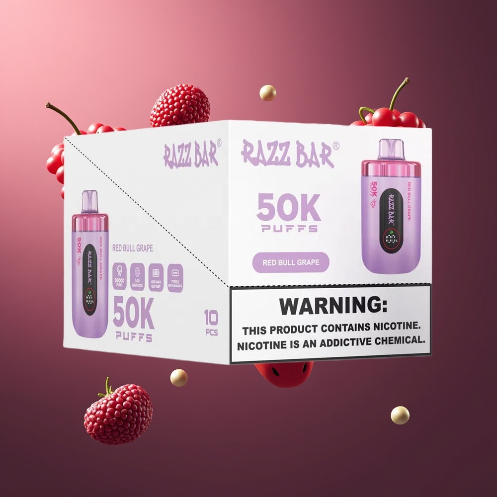 Razz Bar 50K Bouffées Belgique Grossiste Red Bull Raisin Rechargeable 2 Nicotine