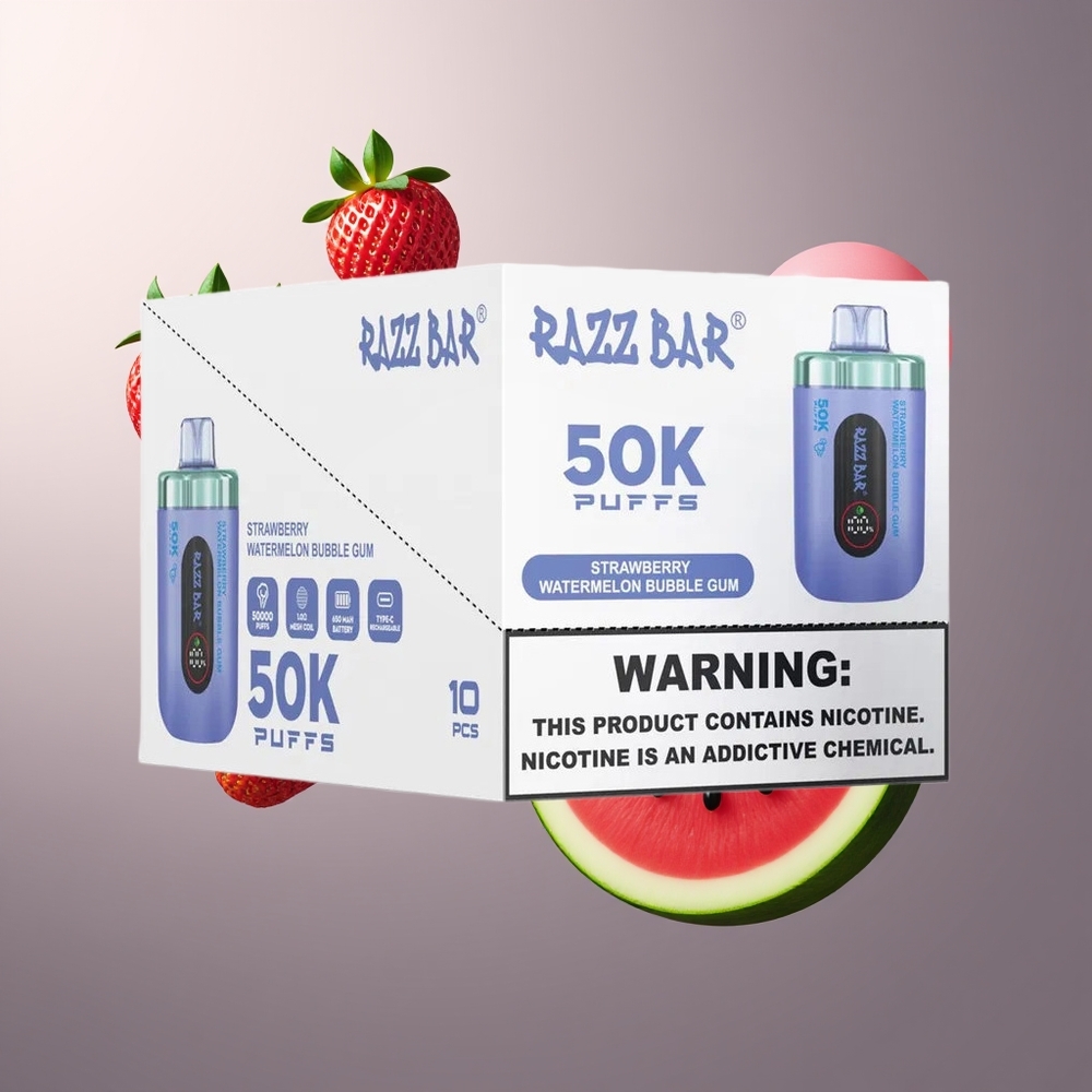 Razz Bar 50K Puffs Belgique Grossiste Fraise Pastèque Chewing Gum 10 Ohm Mesh Coil