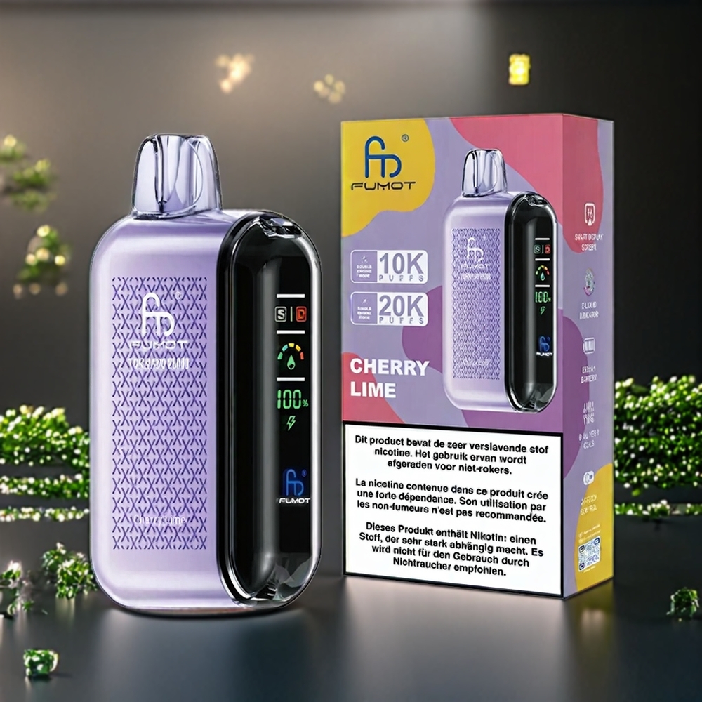 Fumot Tornado Belgique Grossiste 20000 Puffs Double Mesh Coil et Affichage Intelligent Cerise Citron Vert