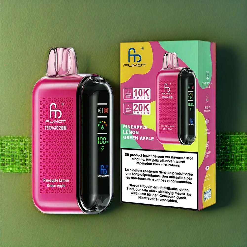 Fumot Tornado Belgique Grossiste 20000 Puffs Vape Ananas Citron Pomme Verte avec Dual Mesh Coil et Smart Display