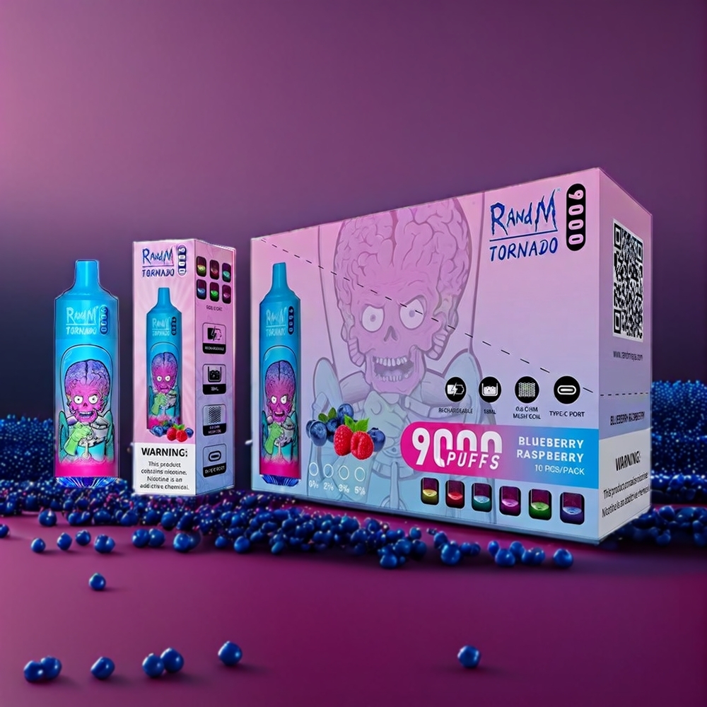 Fumot RandM Tornado 9000 Puffs Belgique Grossiste 18 mL Mesh Coil Blueberry Framboise